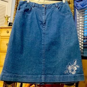 Denim skirt, size 8, Rafaella, 100% cotton with white floral stitching accents